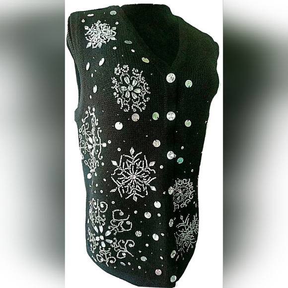 Y2K Snowflake Sweater Vest Rhinestone Beading Sequins Knitwear Small Kikit - Picture 3 of 9